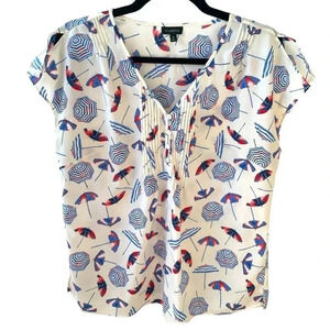Talbots Beach Umbrella Print Blouse Short Sleeve Off White Red Blue
